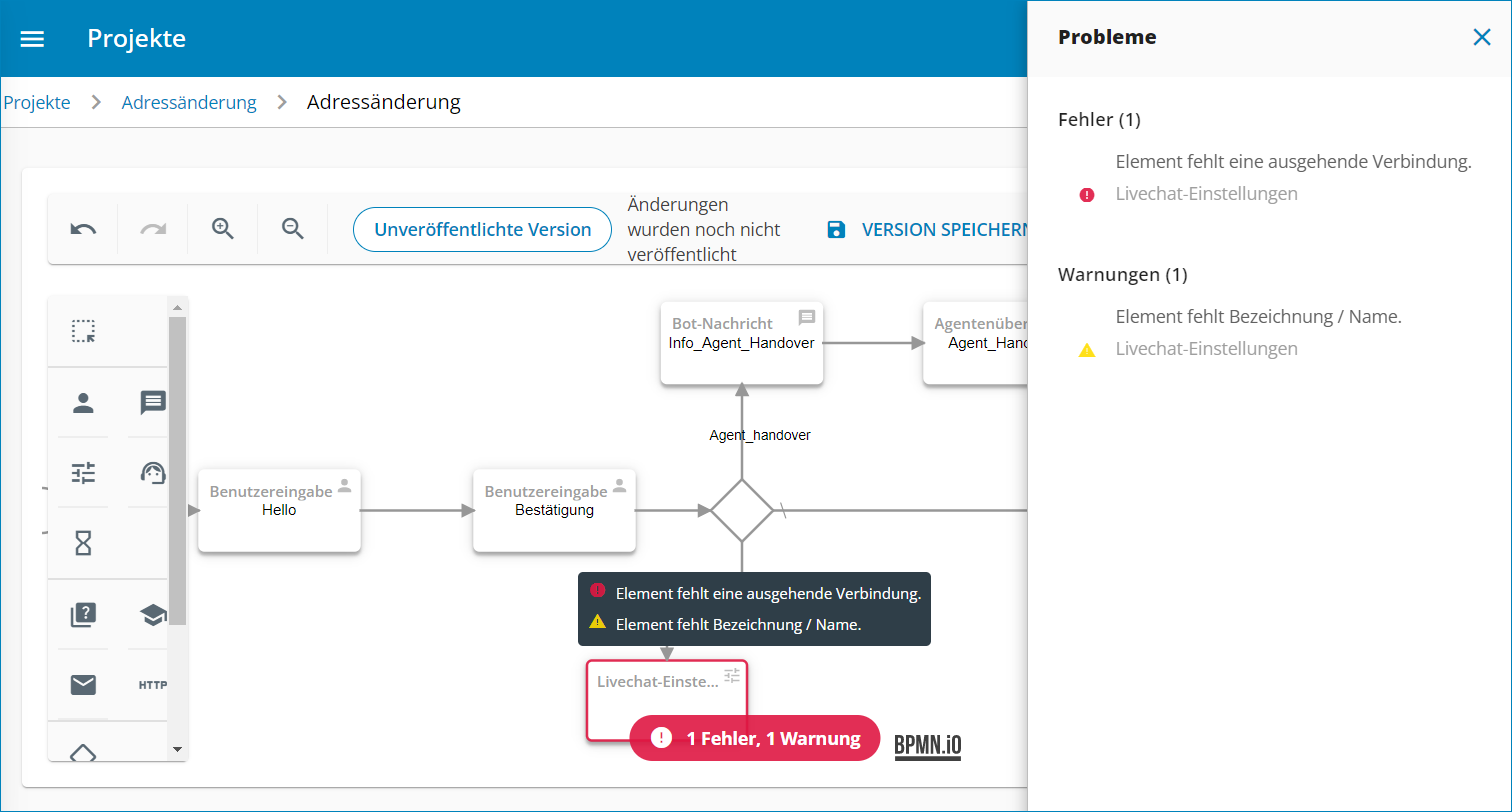 Ansicht eines Flow-Designs mit Problemmeldungen und einem rechten Seitenfenster "Probleme" mit einer Übersicht über alle Fehler und Warnungen