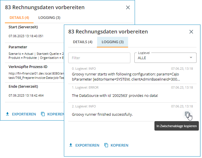 Fenster mit den Registerkarten Details und Logging