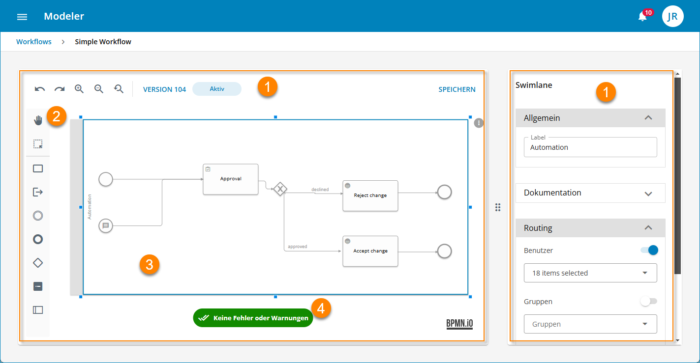 Der Designbereich mit allen BPMN-Elementen ist auf der linken Seite und der Konfigurationsbereich für das ausgewählte Element ist auf der rechten Bildschirmseite.