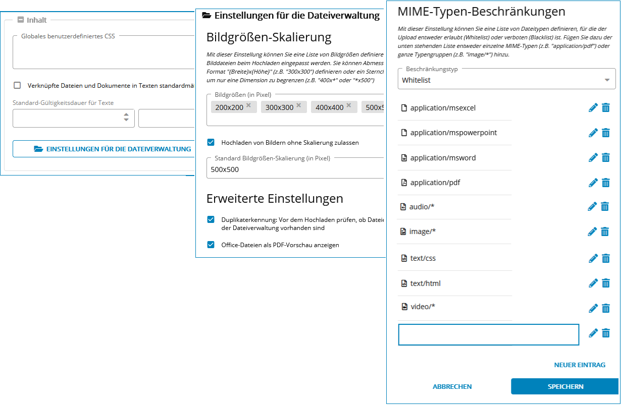 Screenshot: Administration; Einstellungen zum Inhalt.