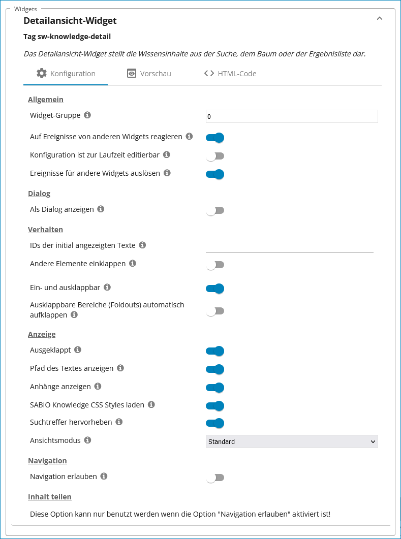 Screenshot: Einstellungen für das Widget Detailansicht