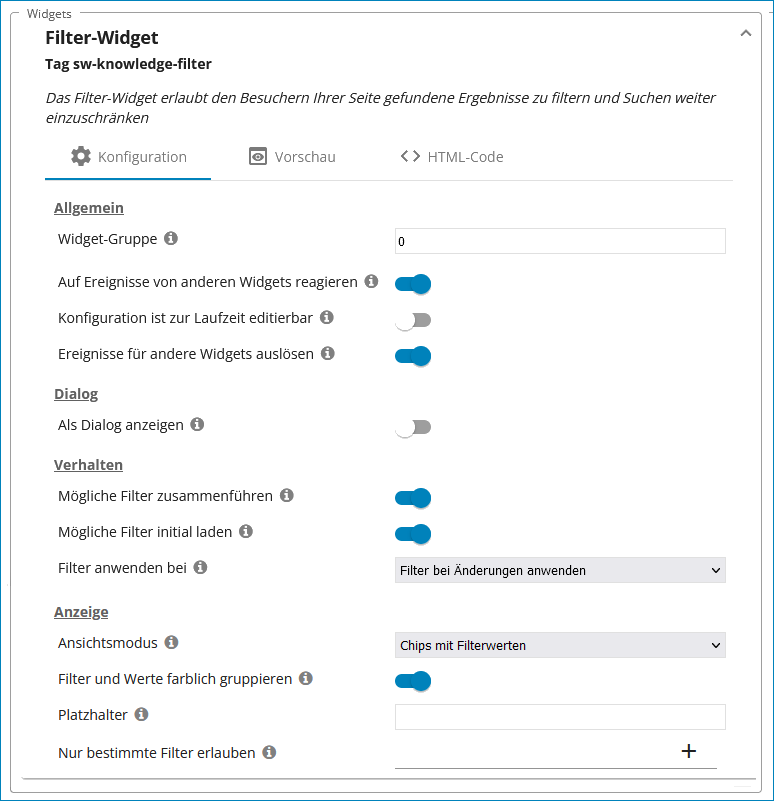 Screenshot: Einstellungen für das Widget Filter