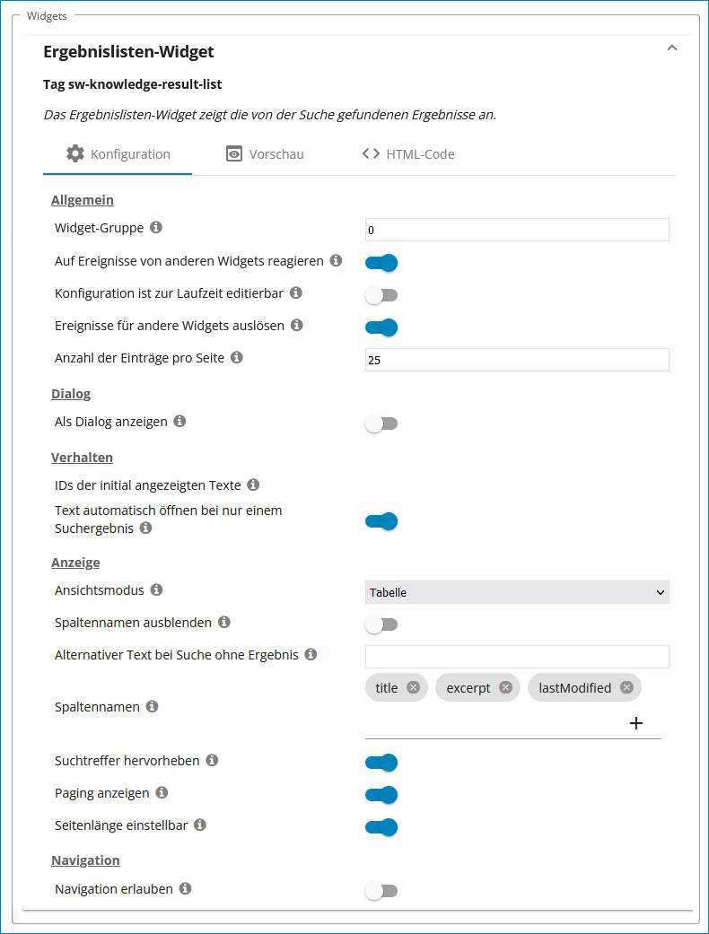 Screenshot: Einstellungen für das Widget Ergebnislisten