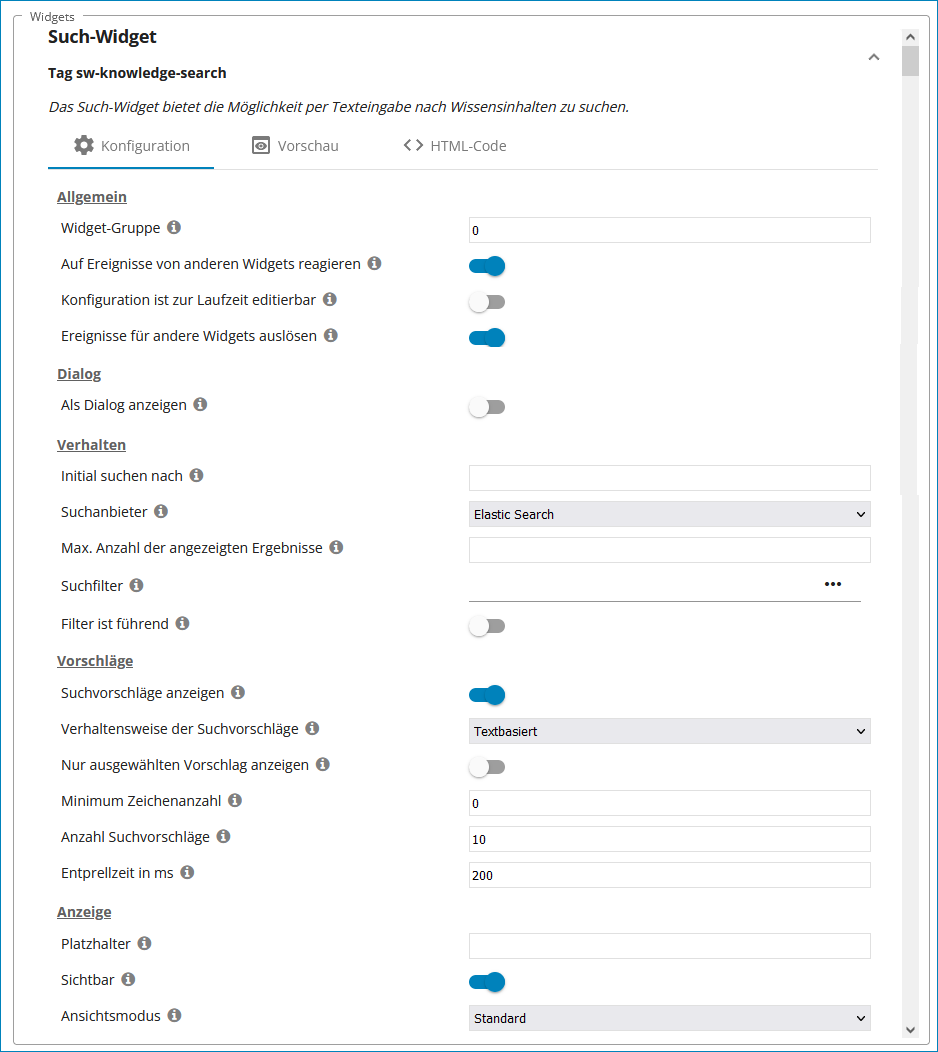 Screenshot: Konfiguration des Such-Widgets