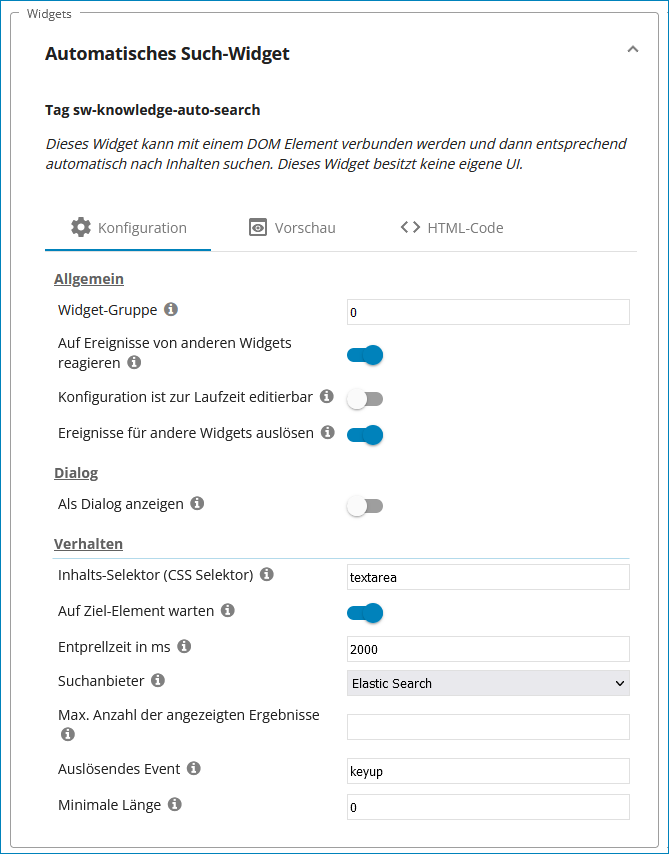 Screenshot: Konfiguration des automatischen Suchwidget
