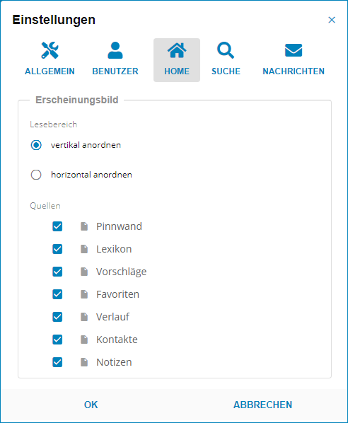 Ansicht der Registerkarte Home im Menü Einstellungen