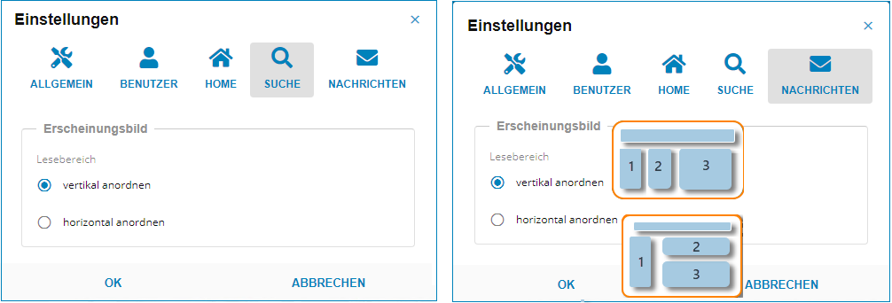 Einstellungen für Suchfunktion und Nachrichtenfunktion