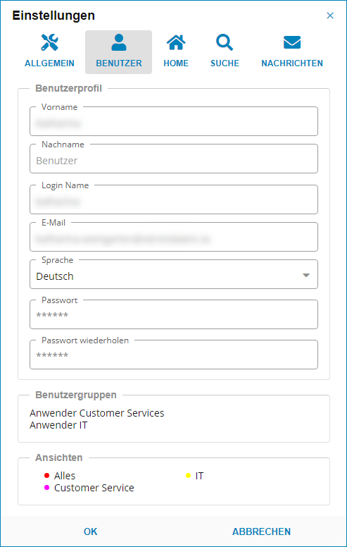 Ansicht der Benutzer-Registerkarte im Menü Einstellungen