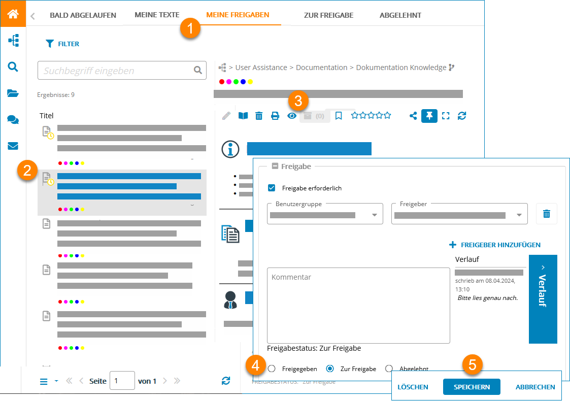 Screenshot: Arbeitsschritte um Freigaben für Texte zu erteilen