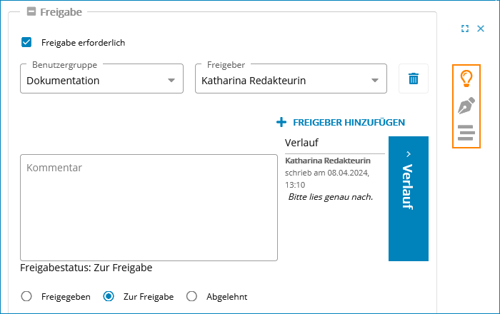 Screenshot: Freigabeanfrage für einen Text