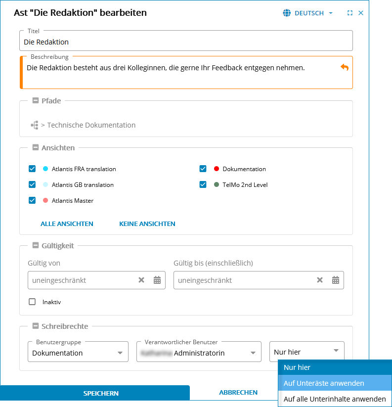 Screenshot: Fenster zur Bearbeitung von Ästen