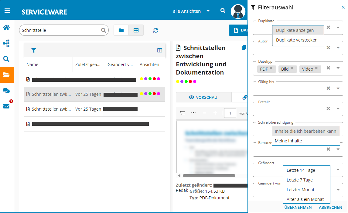 Screenshot: Filterauswahl im Dateimanager