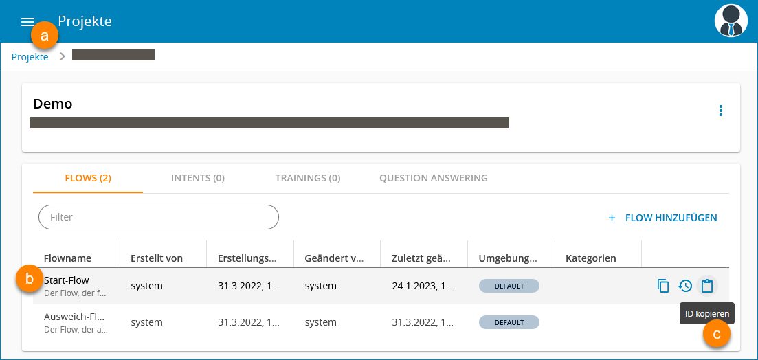 Screenshot: Kopieren der Flow-ID in Serviceware Flows