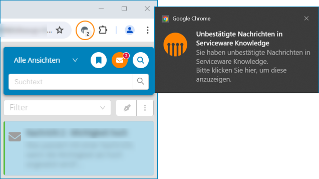 Screenshot: Anzeige von unbestätigten Nachrichten im Browser und im Integrator