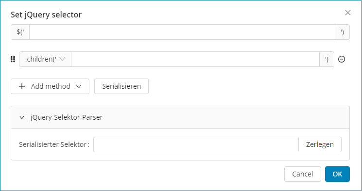 Screenshot: Parameter zum Einfügen einer Platzierung als jQuery-Selector