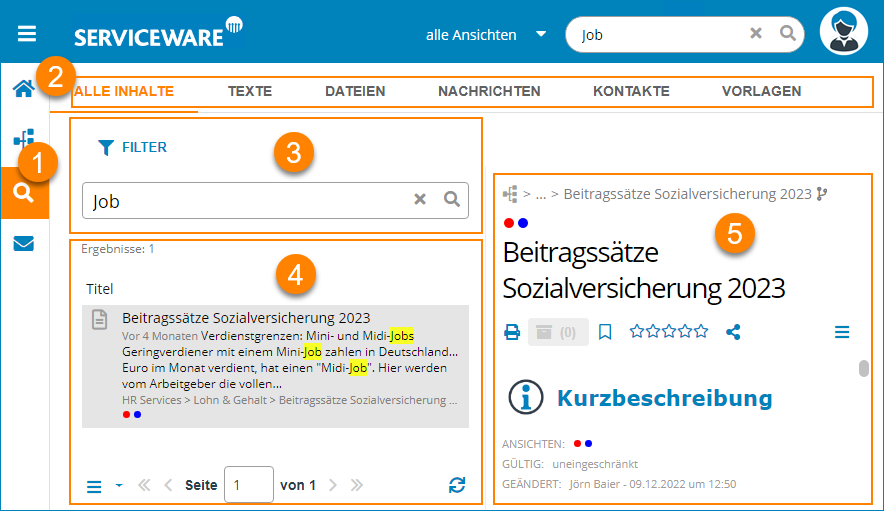 Darstellung der Suchergebnisse – Kurzbeschreibung und Volltext