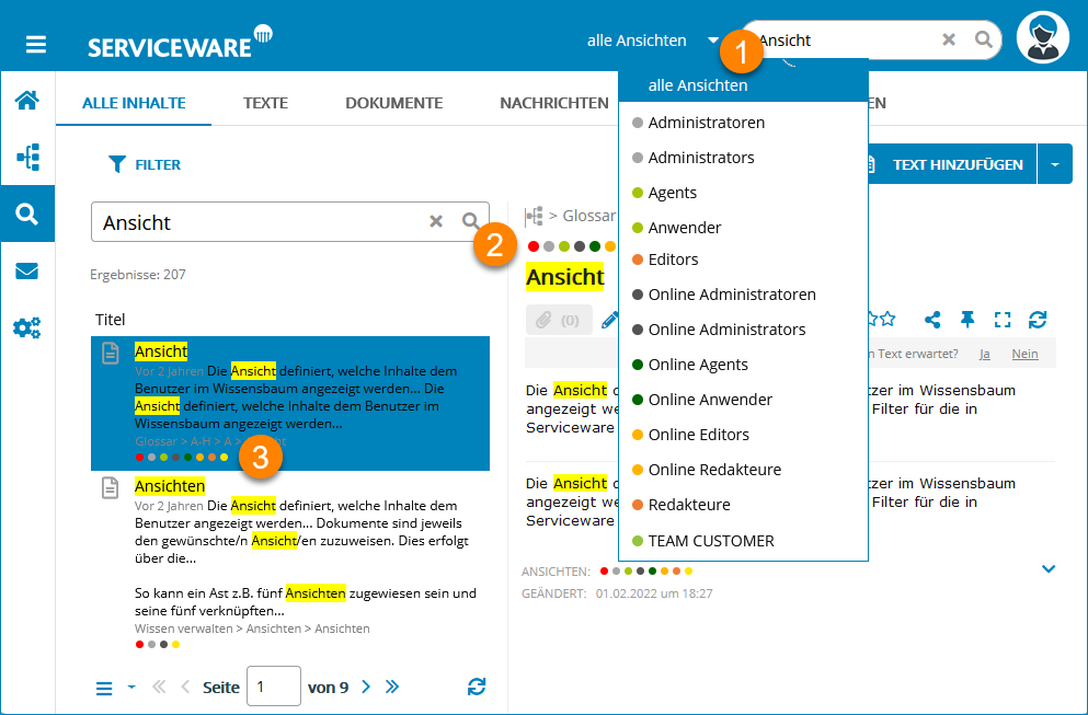 Screenshot: Auswahl und Darstellung von Ansichten in Serviceware Knowledge