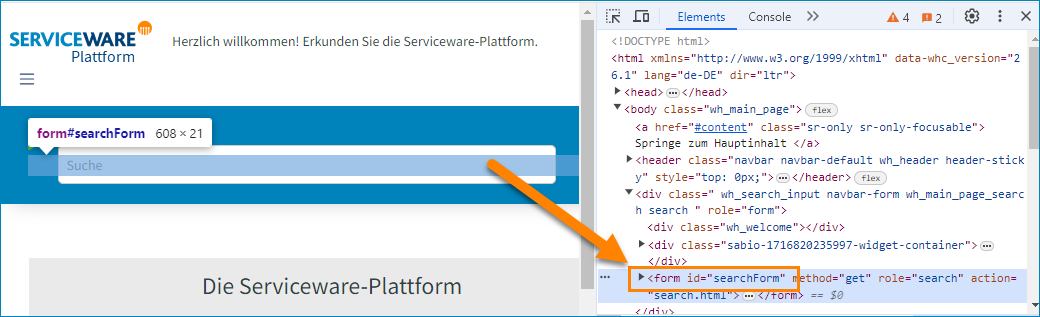 Screenshot: Browser Developer-Tools; Auswahl des Elementtyps