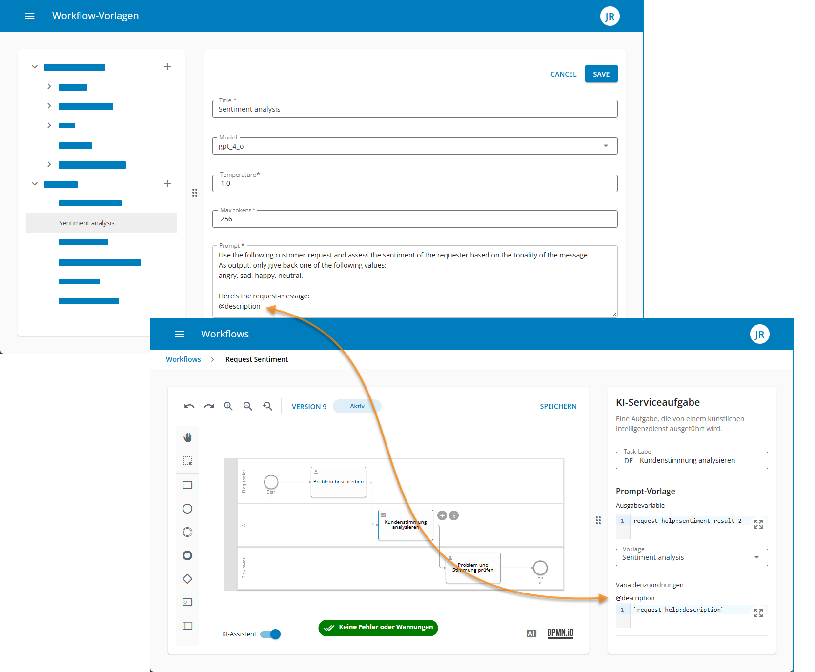 Oben: KI-Prompt definiert Variable @description. Unten: Variable @description wird in KI-Serviceaufgabe erkannt und gewünschtes Attribut für den Wert kann in FEEL definiert werden. Hier wurde das Attribut "description" aus dem in der Benutzeraufgabe erstellten Objekt"request-help" gewählt.