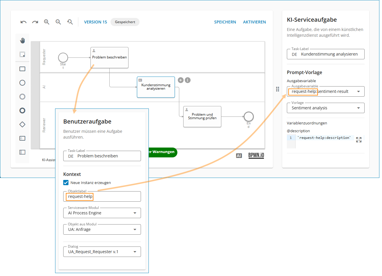 Eine einfache Workflowdefinition mit zwei Benutzeraufgaben und dazwischen eine KI-Serviceaufgabe für die Sentimentanalyse. Der Bezug zum Objektlabel muss hergestellt sein.