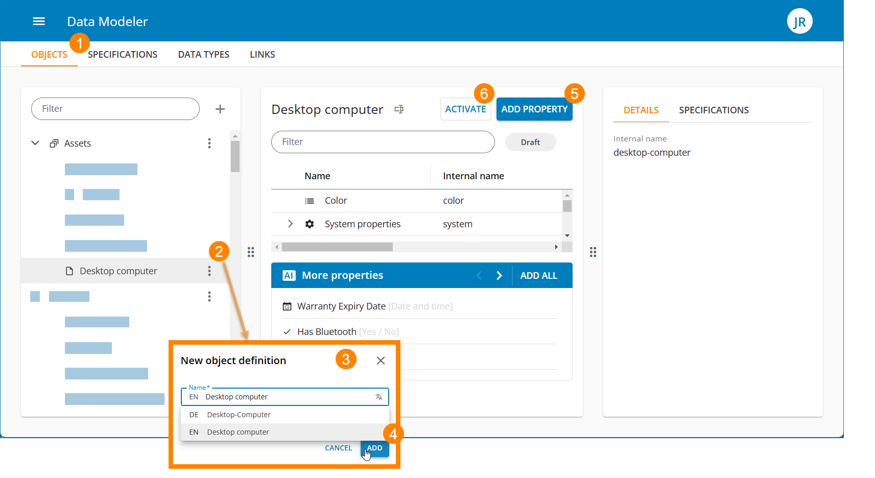 Bereich "Data Modeler" mit einer Objektdefinition für einen Desktop-Computer mit Eigenschaften und Eigenschaftenvorschlägen des KI-Assistenten