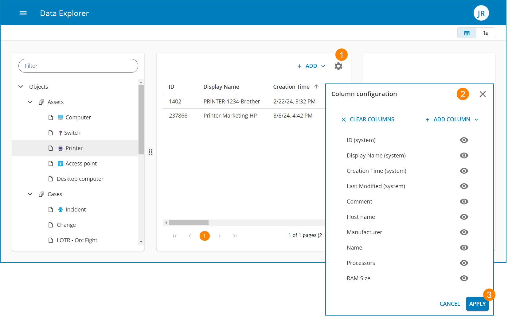 Data Explorer mit geöffnetem Dialog zur Spaltenkonfiguration