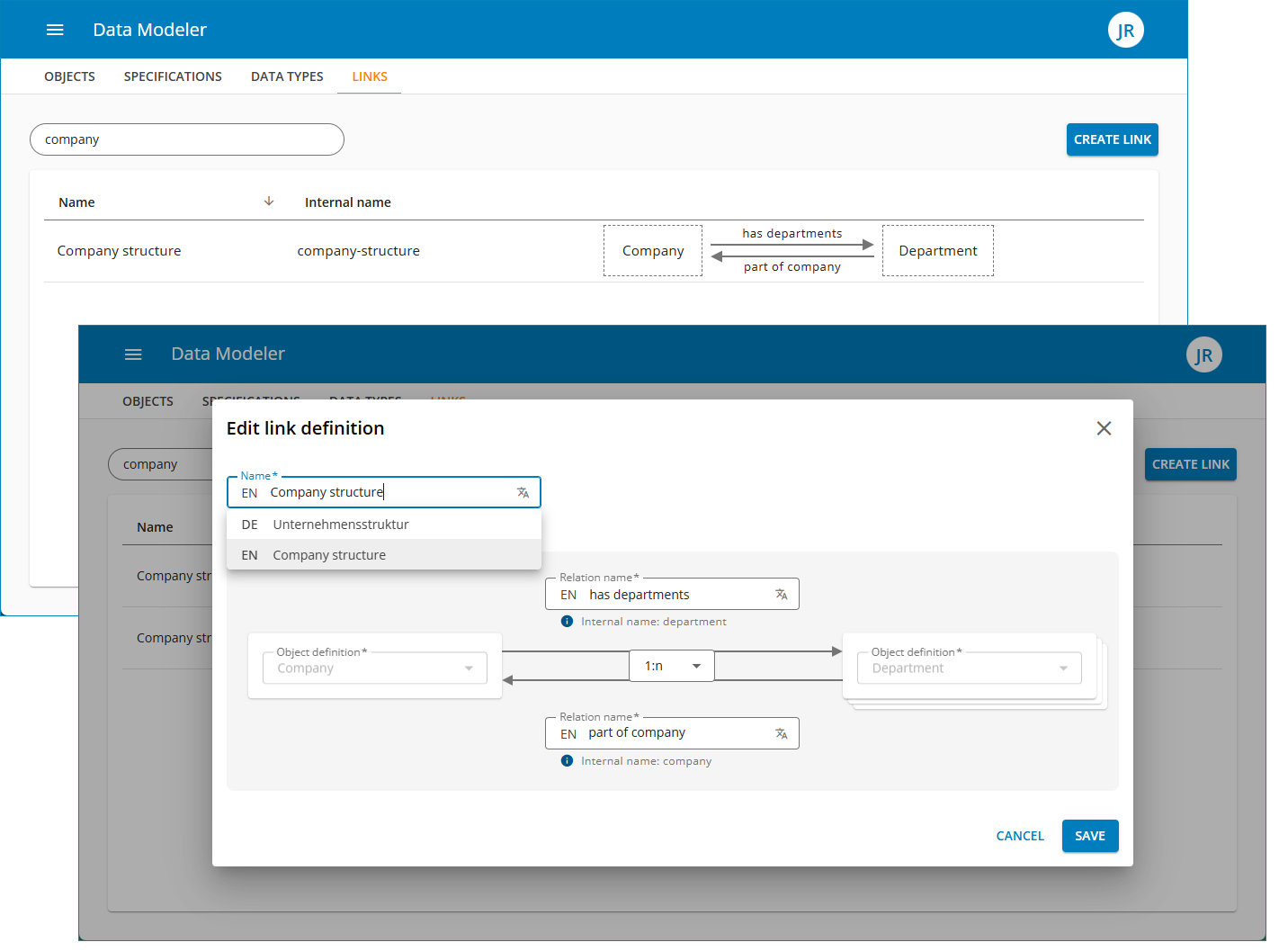 Data Explorer zeigt Linkdefinitionen und das Dialogfeld zum Bearbeiten der Linkdefinition.