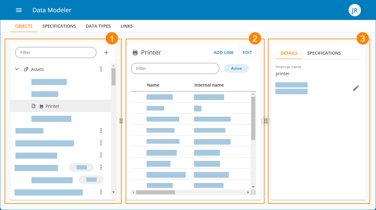 Oberfläche des Data Modeler zeigt Objekte, Spezifikationen und Details für einen Drucker.