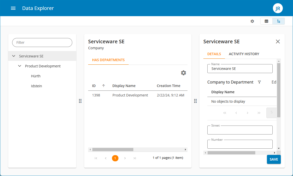 Data Explorer in der Organisationsansicht, die eine Unternehmensstruktur anzeigt.