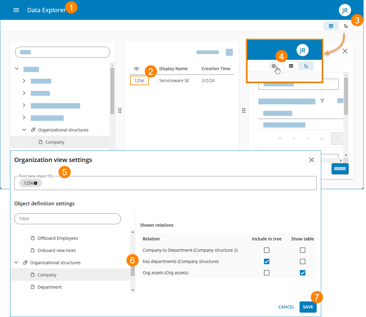 Konfigurationsschritte der Organisationsansicht im Data Explorer.