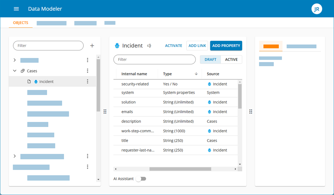 Data Modeler-Oberfläche mit Eigenschaften eines Incident-Objekts.