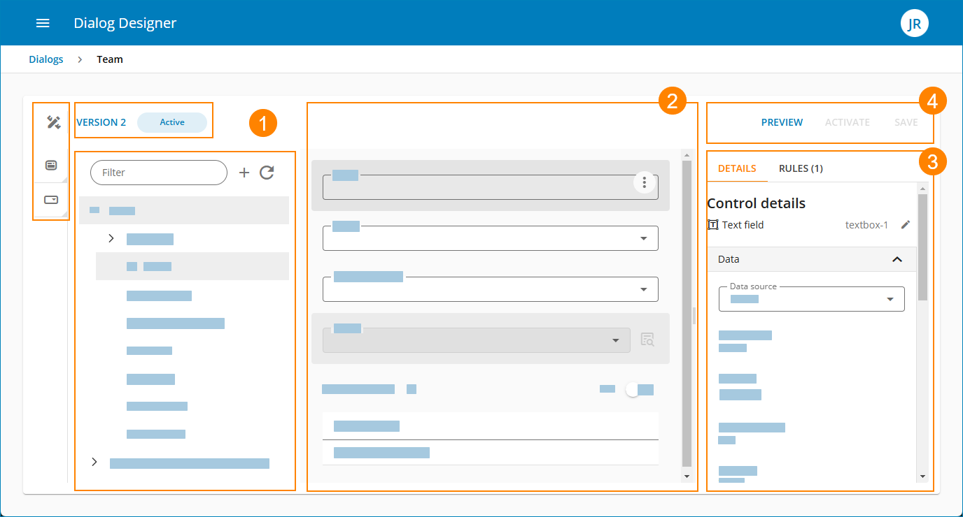 Dialog-Designer-Oberfläche mit verschiedenen Designelementen und Steuerungsdetails