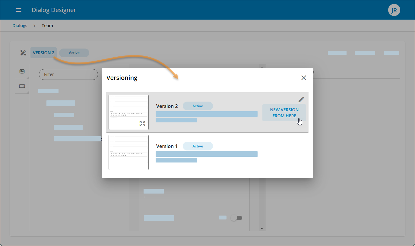 Dialogversionierung mit zwei Versionen und der Option, eine neue Version zu erstellen.