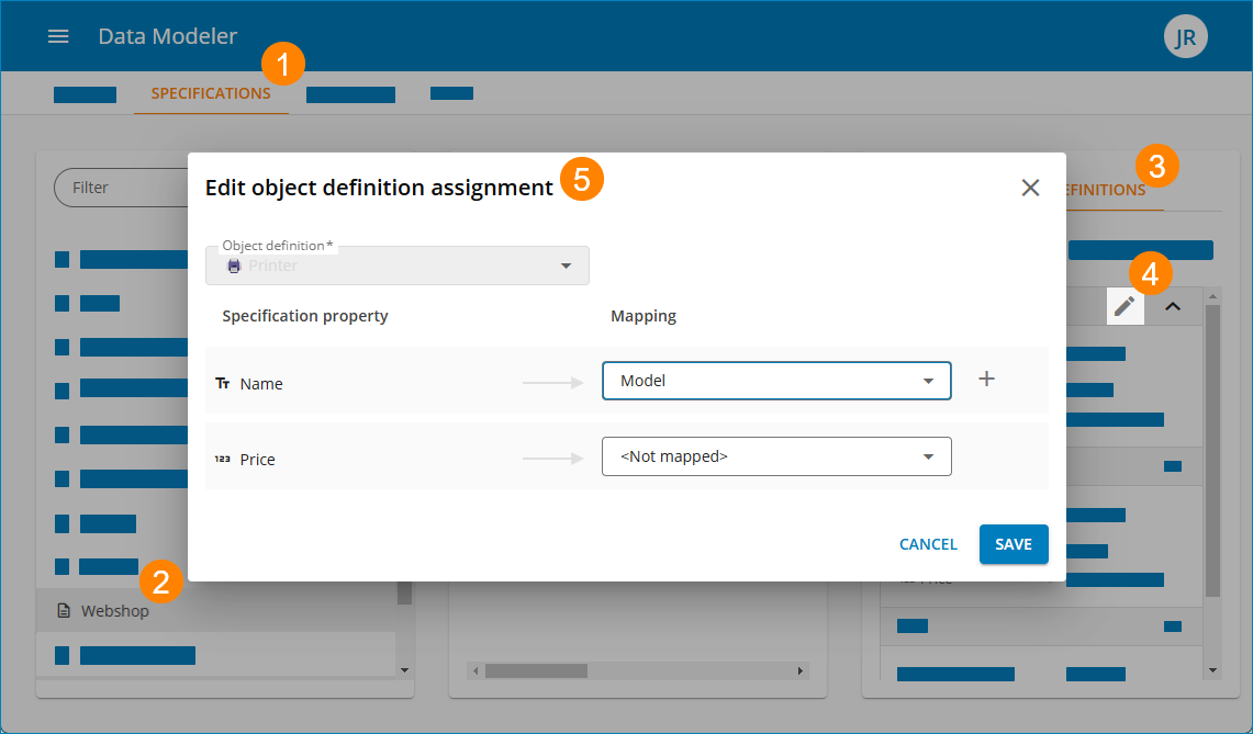 Dialogfeld zur Bearbeitung der Objektdefinitionszuweisung im Data Modeler.