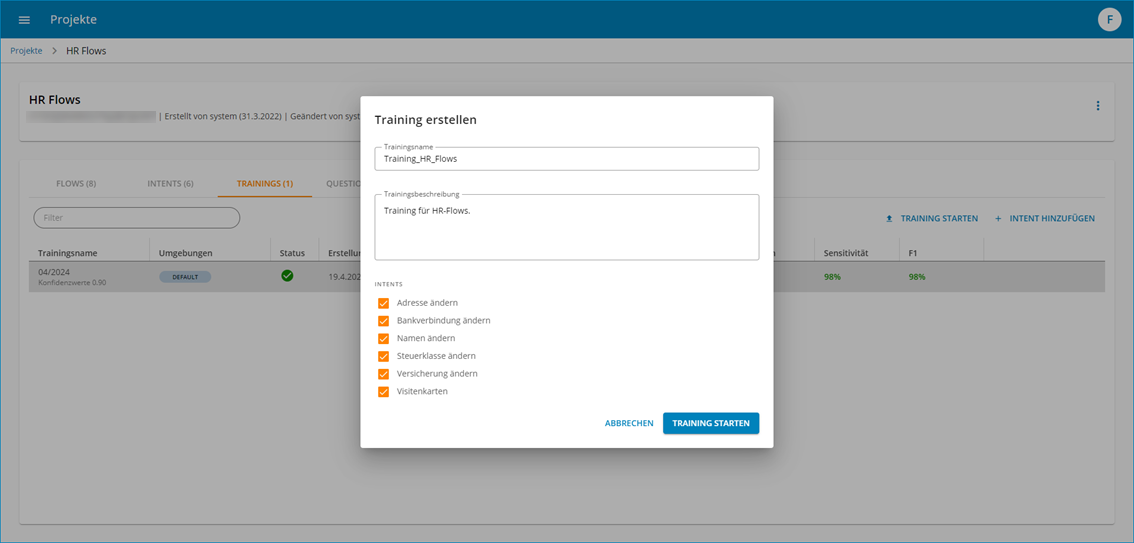 Projektansicht, Dialog "Training erstellen" geöffnet