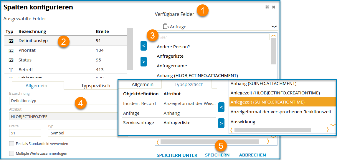 Screenshots: Spaltenkonfiguration für Tabellen