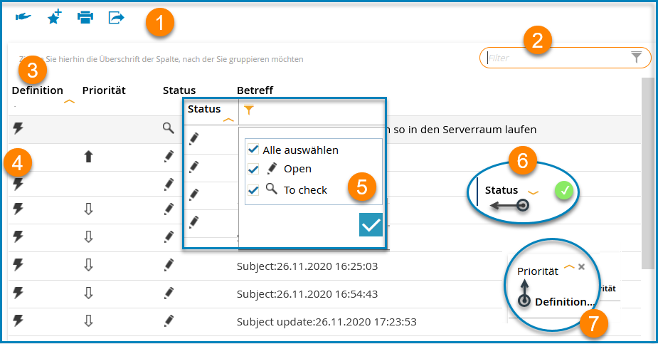 Screenshot: Übersicht über die Möglichkeiten zur Konfiguration der Tabellendarstellung