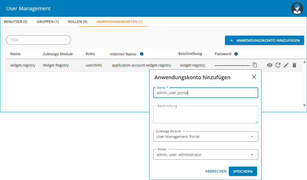 Screenshot: Verwaltung von Anwendungskonten