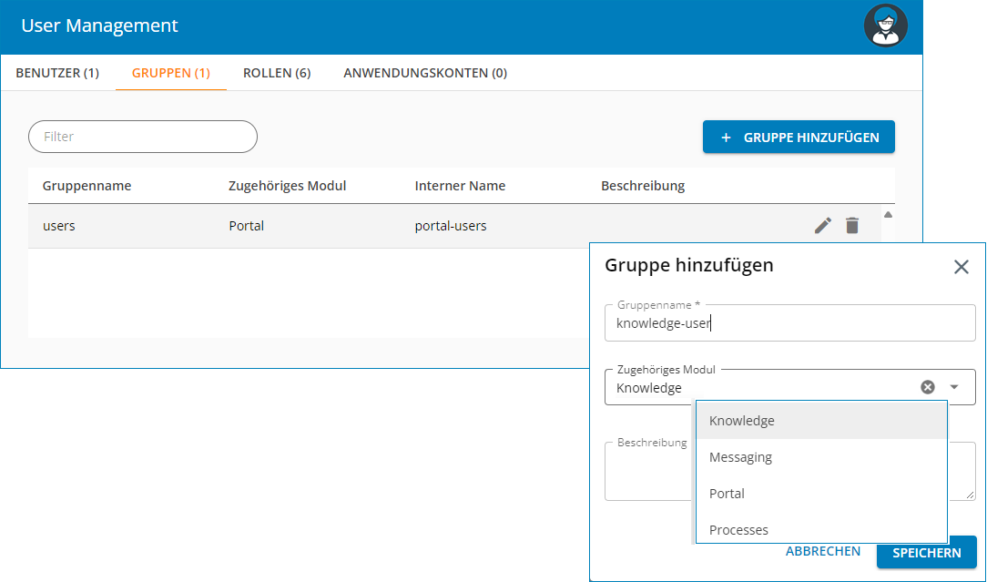 Screenshot: Gruppenverwaltung; Gruppe anlegen