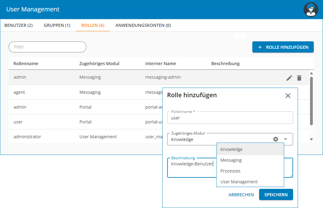 Screenshot: Verwaltung von Rollen; Anlegen von Rollen