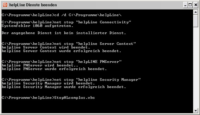 Screenshot: helpLine-Dienste wurden beendet (DOS-Fenster)