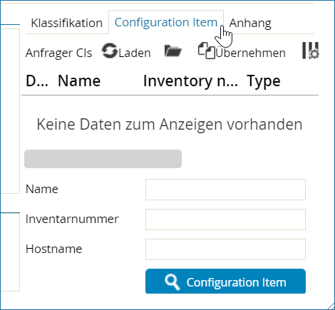 Screenshot: Geöffnete Registerkarte Configuration Item in einem Vorgangsdialog