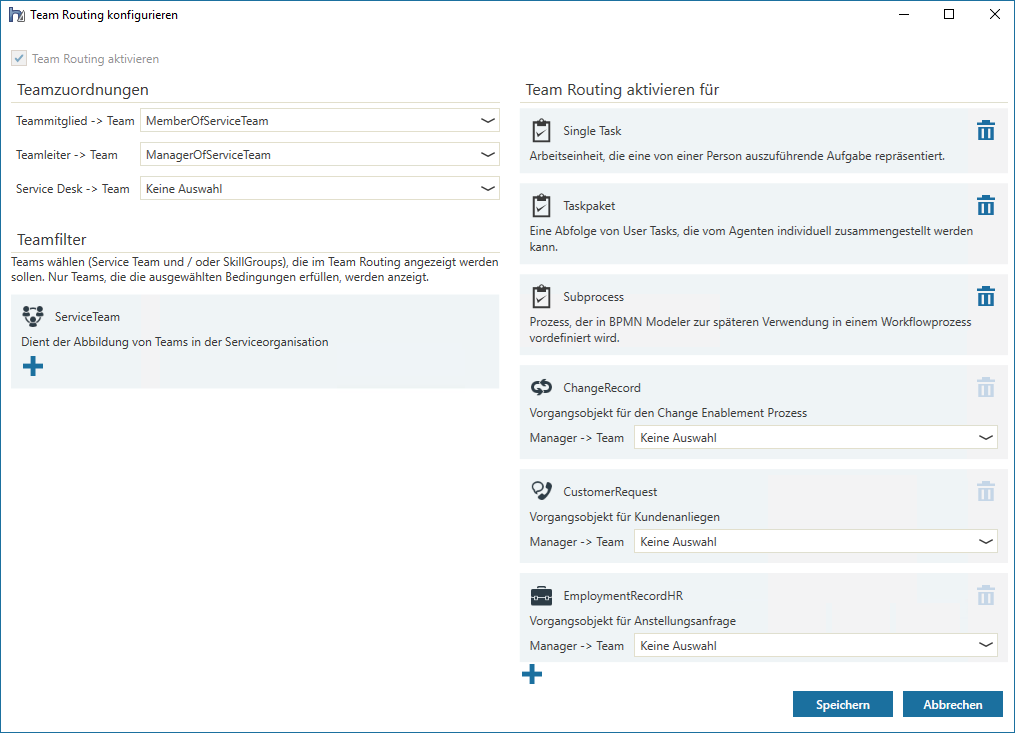 Screenshot: Geöffneter Dialog Team Routing konfigurieren