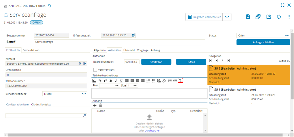 Screenshot: Geöffnete Registerkarte Aktivitäten eines Vorgangsdialogs