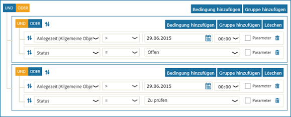 Screenshot: Beispiel eines Ad-hoc-Reports mit zwei UND-Konstellationen