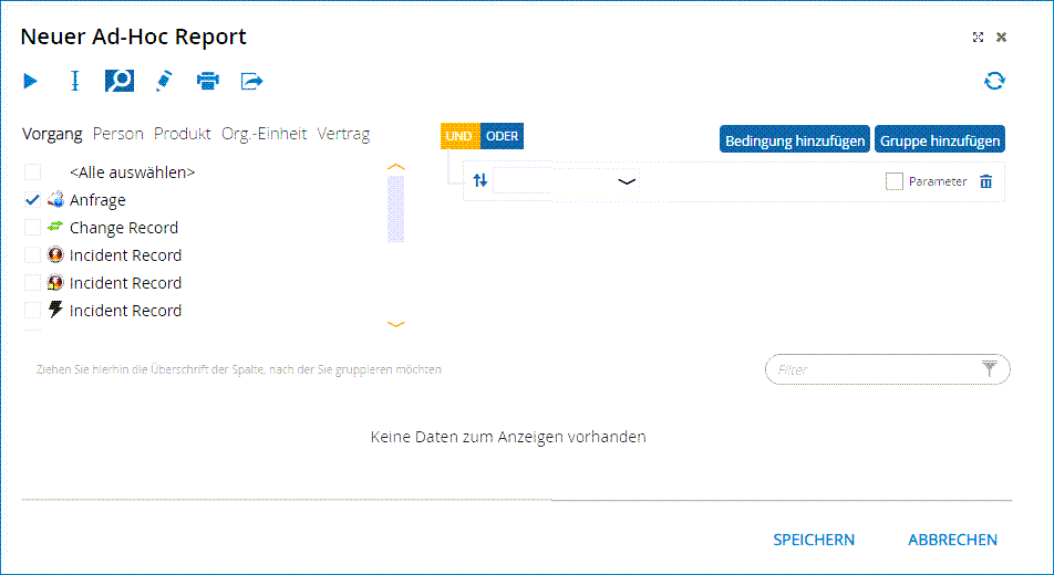 Screenshot: Oberfläche zur Erstellung eines Ad-hoc-Reports