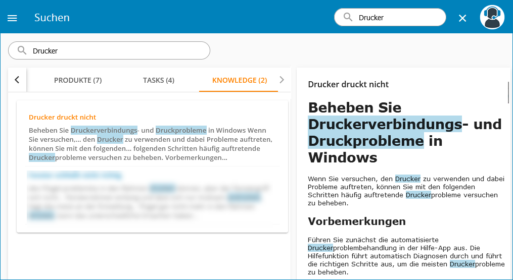 Screenshot: Suchergebnisse aus Serviceware Knowledge in Processes