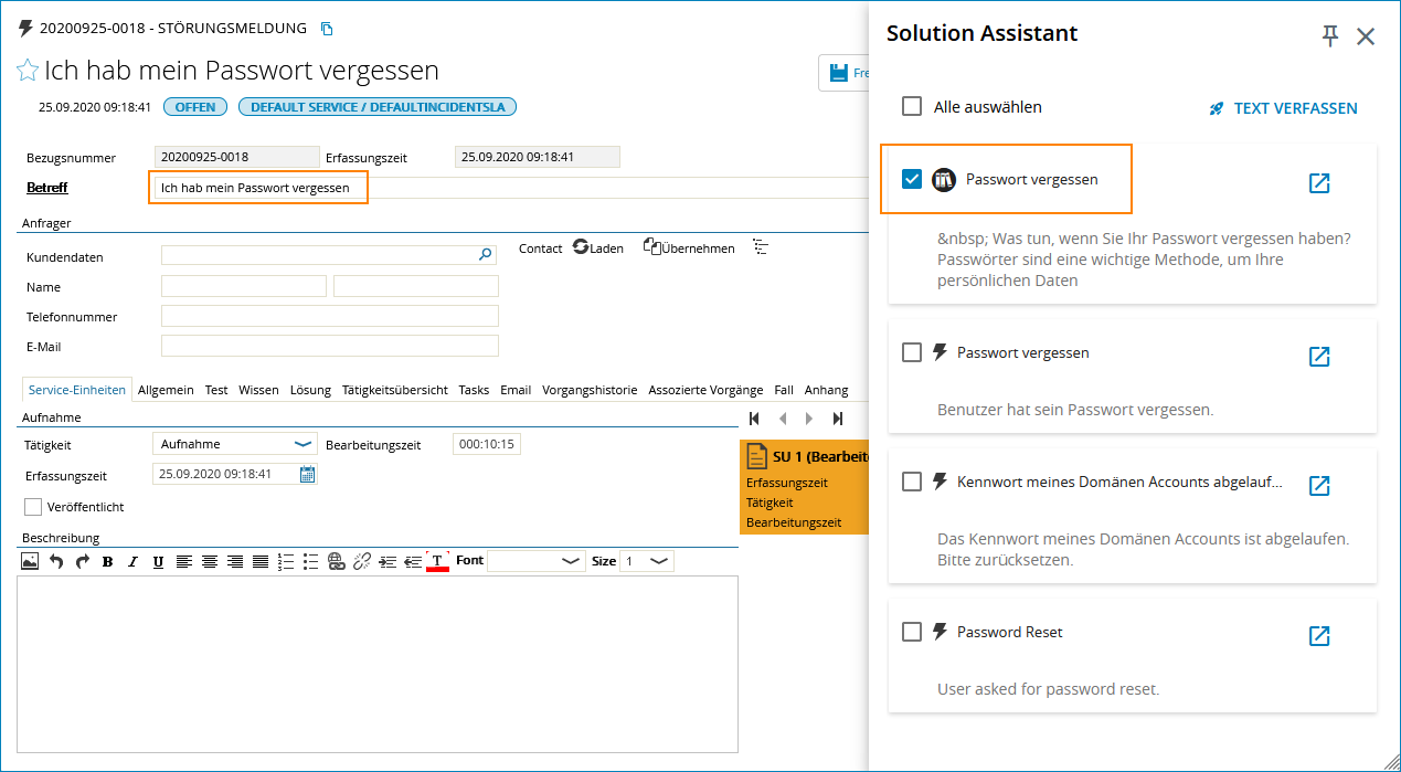 Screenshot: Suchergebnisse von Knowledge in Processes mit Unterstützung des Solution Assistant