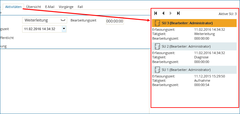 Screenshot: Geöffnete Registerkarte Aktivitäten-Log mit Hervorhebung der angezeigten Service-Einheiten