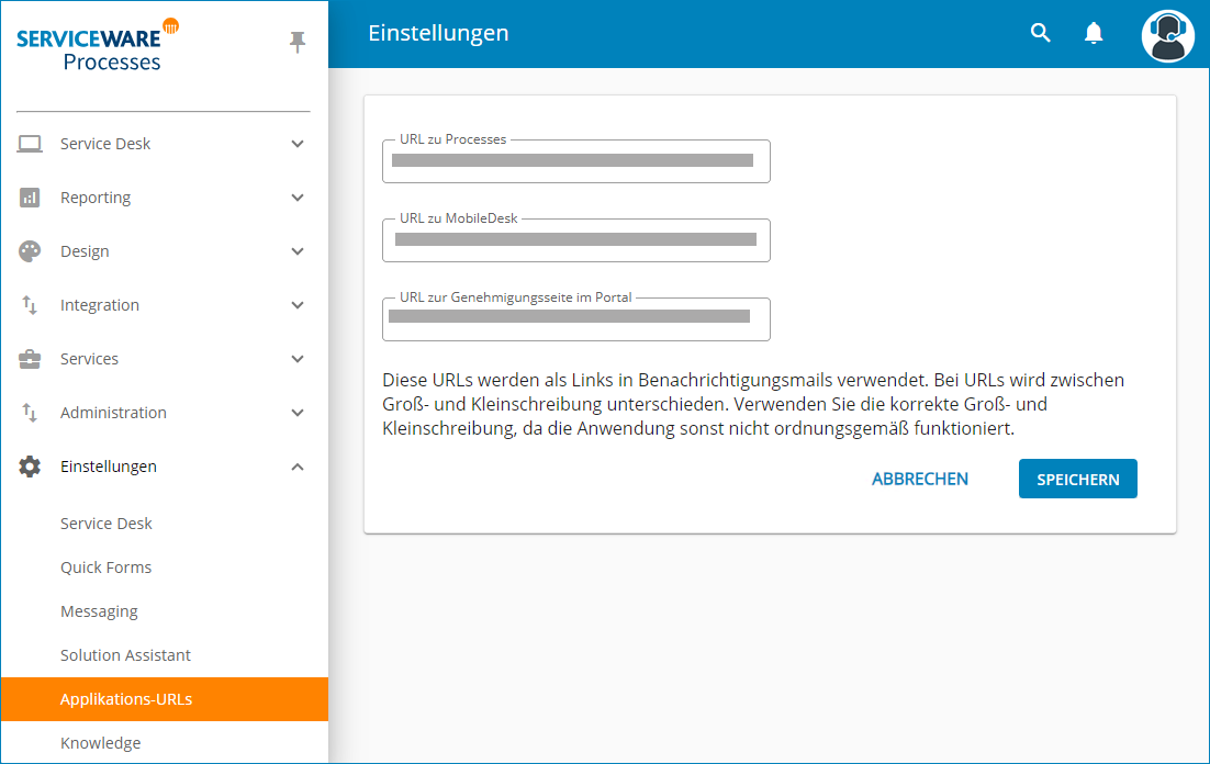 Screenshot: Definieren Sie die URLs zur den mobilen Anwendungen von Serviceware Processes